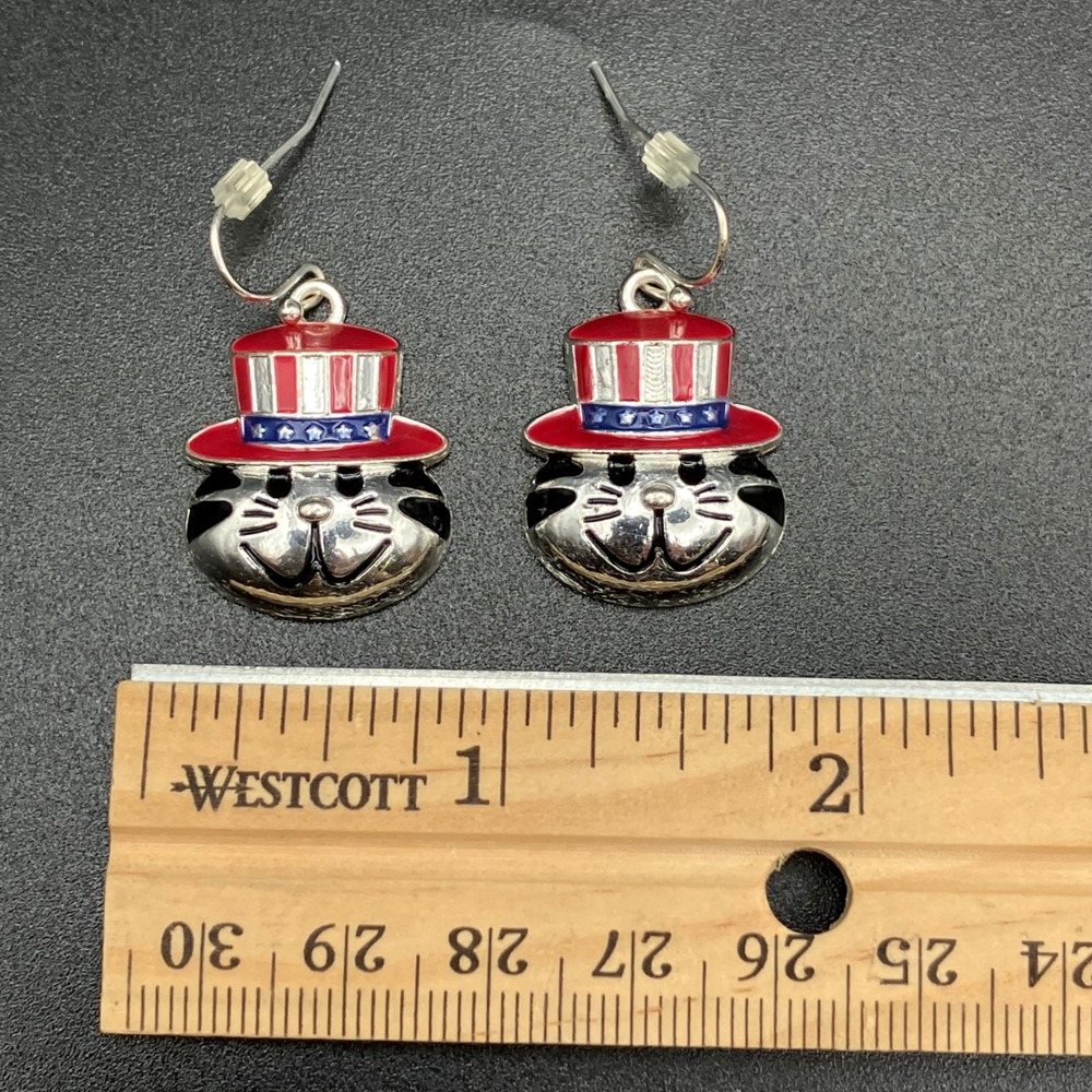 Patriotic Cat Drop Earrings Silver Tone Uncle Sam Hat Red White Blue Americana - Picture 6 of 7